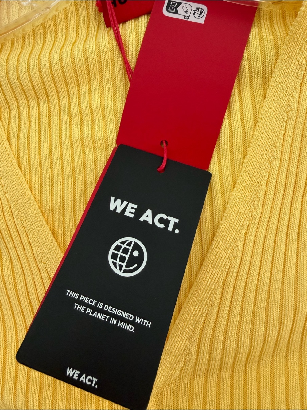 HUGO Yellow Ribbed V-Neck Drawstring Top - Picture 6 of 8